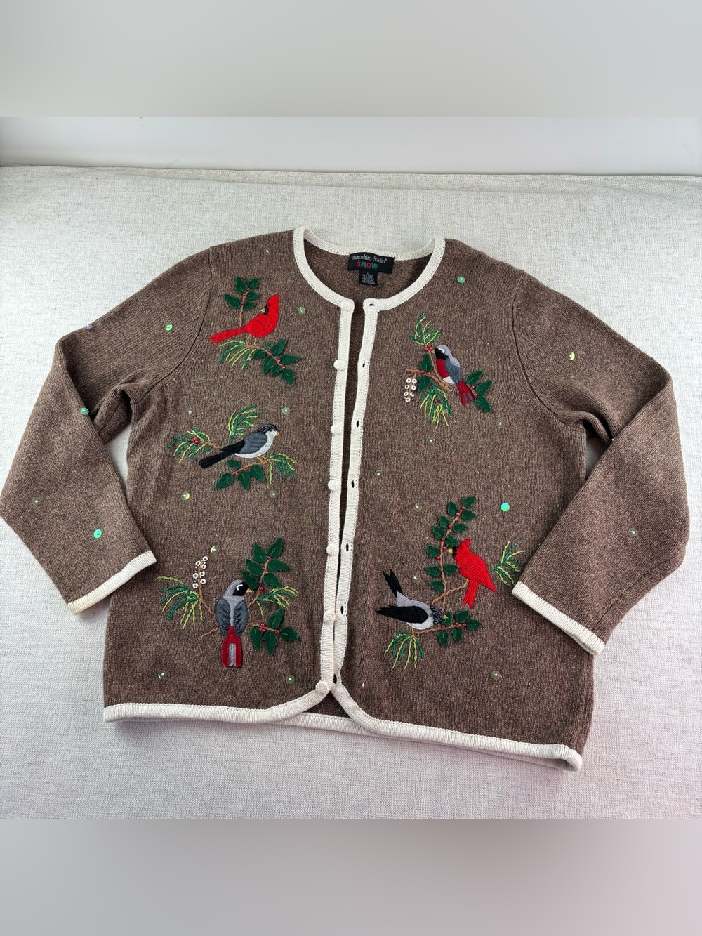 Hampshire Studio women L bird embroidered wool blend Christmas cardigan sweater